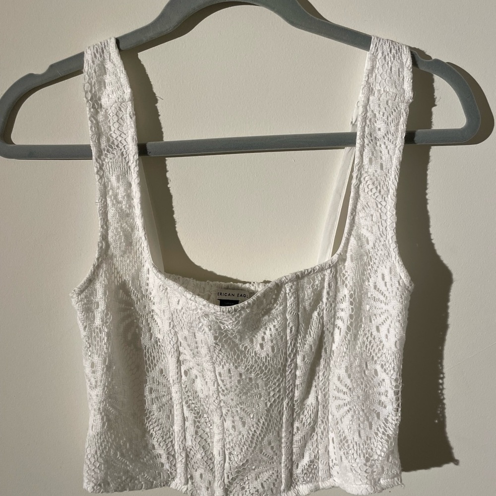 American Eagle, Cropped Square Neck Corset Tank Top, White